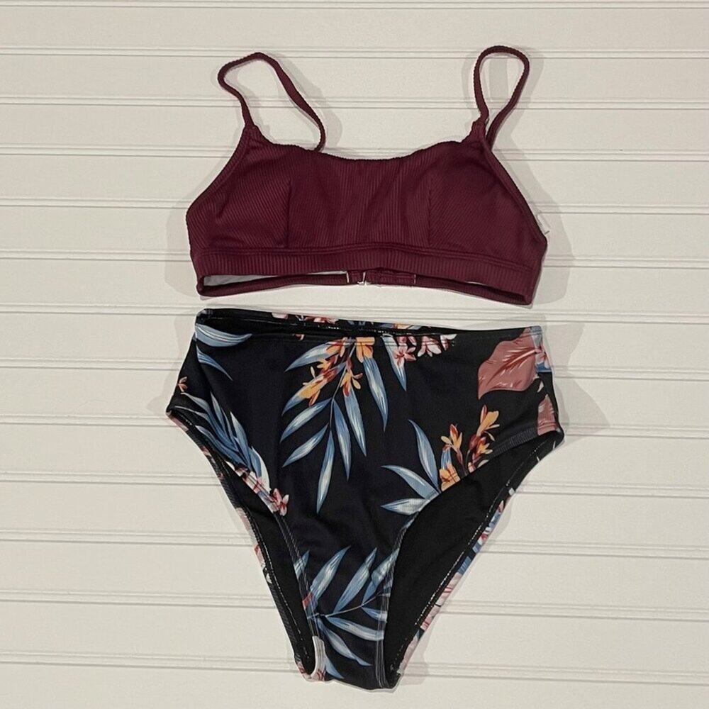CUPSHE Women 2 Piece Swimsuit Size S Burgundy Black Floral High Waist Bikini NWT